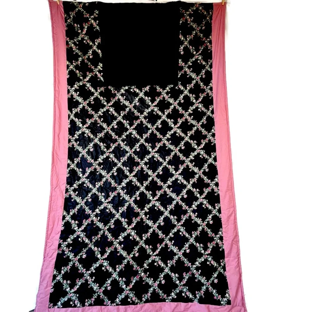 Vintage Handmade Quillow Quilted Pillow Blanket Travel Roses Pink & Black